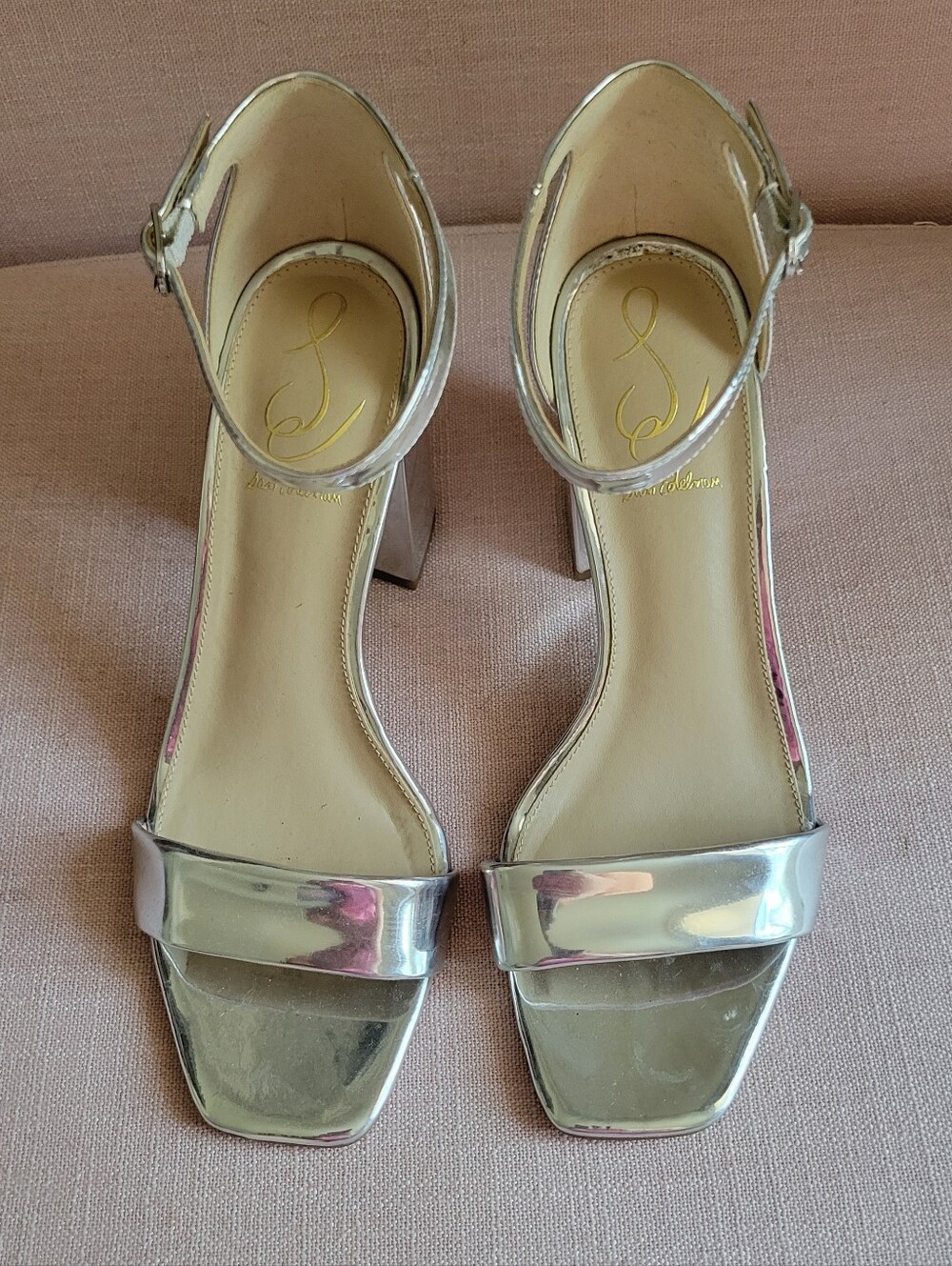 Sam Edelman Metallic Silver Ankle-Strap Block Heel Sandals